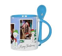 Getagift Personalised Christmas Family Name Mug | Custom Photo Mug with Snowman | Xmas Gift for Family, Friends & Loved Ones, 11oz Inside Colour with Spoon Ceramic Coffee Mug. (Blue)