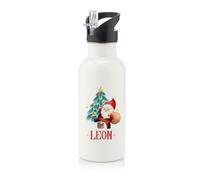 Getagift Personalised Christmas Water Bottle, Santa Claus, Secret Santa, Stainless Steel 600ml Water Bottle with Straw. (White)