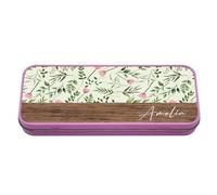 Getagift Personalised Floral & Leaf Pattern with Name on Wood, Back to School, Metal Pencil Case Tin. (Pink)