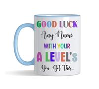 Getagift Personalised Good Luck with Your A - Levels, add 'Any Name' You've got This Gift, Exam Good Luck Gift, 11oz Coloured Rim Ceramic Coffee Cup. (Light Blue Rim)