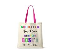 Getagift Personalised Good Luck with Your GCSEs, add 'Any Name' You've got This Gift, Exam Good Luck Gift, Reusable Shopping Bag, Tote Bag. (Fuchsia Handle)