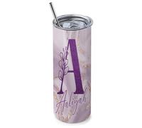 Getagift Personalised Initial with Name, Glitter Marble Alphabet, Gift for Girls, 20 OZ Stainless Steel Skinny Tumbler, Double Walled Vacuum Insulated with Closed Lid and Metal Straw.
