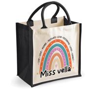 Getagift Personalised Jute Tote Bag with Custom Name, Rainbow Design Reusable Shopping Bag, Eco Friendly Gift Bag, Teacher Tote, Grocery Bag, Beach Bag, Everyday Carry Bag., Black