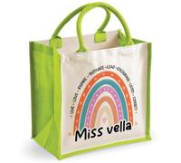 Getagift Personalised Jute Tote Bag with Custom Name, Rainbow Design Reusable Shopping Bag, Eco Friendly Gift Bag, Teacher Tote, Grocery Bag, Beach Bag, Everyday Carry Bag., Apple Green