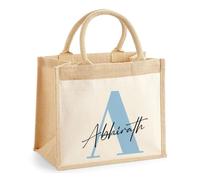Getagift Personalised Jute Tote Bag with Name & Initial - Custom Monogram Alphabet Hessian Shopper Bag - Eco Natural Cotton Pocket Canvas Shopping Bag