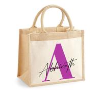 Getagift Personalised Jute Tote Bag with Name & Initial - Custom Monogram Alphabet Hessian Shopper Bag - Eco Natural Cotton Pocket Canvas Shopping Bag