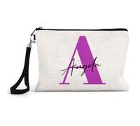 Getagift Personalised Linen Pencil Case - Custom Initial & Name - Multipurpose Zip Pouch for Makeup, Stationery, Coins - Small Travel Organiser for Girls, Women, Students