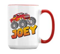 Getagift Personalised Monster Truck Gift - Custom Name Design, Ideal for Boys, 15oz Coffee Mug. (Red Inside)