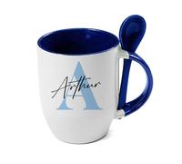 Getagift Personalised Mug Initial with Name, Alphabet Mug, Marble Mug, Spoon Coffee, Tea Mug. (Blue)