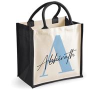 Getagift Personalised Name & Initial Jute Tote Bag, Custom Monogram Alphabet Hessian Reusable Eco Shopping Bag, Large Cotton Handle Tote