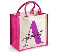 Getagift Personalised Name & Initial Jute Tote Bag, Custom Monogram Alphabet Hessian Reusable Eco Shopping Bag, Large Cotton Handle Tote