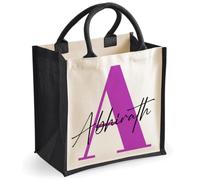 Getagift Personalised Name & Initial Jute Tote Bag, Custom Monogram Alphabet Hessian Reusable Eco Shopping Bag, Large Cotton Handle Tote