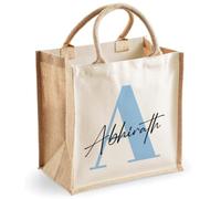 Getagift Personalised Name & Initial Jute Tote Bag, Custom Monogram Alphabet Hessian Reusable Eco Shopping Bag, Large Cotton Handle Tote
