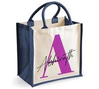 Getagift Personalised Name & Initial Jute Tote Bag, Custom Monogram Alphabet Hessian Reusable Eco Shopping Bag, Large Cotton Handle Tote