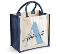 Getagift Personalised Name & Initial Jute Tote Bag, Custom Monogram Alphabet Hessian Reusable Eco Shopping Bag, Large Cotton Handle Tote
