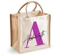 Getagift Personalised Name & Initial Jute Tote Bag, Custom Monogram Alphabet Hessian Reusable Eco Shopping Bag, Large Cotton Handle Tote