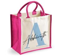 Getagift Personalised Name & Initial Jute Tote Bag, Custom Monogram Alphabet Hessian Reusable Eco Shopping Bag, Large Cotton Handle Tote
