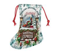 Getagift Personalised North Pole Express Train, Custom Name Print, Christmas Festive Holiday Special Delivery Artwork, Stocking, Red String Boot Sock, Xmas Sock.