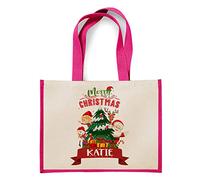 Getagift Personalised Secret Santa Sack Merry Christmas ANY NAME Funny Gift Present Idea Birthday Gift Shoulder Bag Shopping Shoppers Jute Bag Unique Reusable Jute Bag For Life. (Pink)