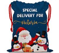 Getagift Personalised Special Delivery Christmas themed Linen Secret Santa Sack with Drawstrings Present-Toy Bag, stoking Filler Gift Bag. (Red String)