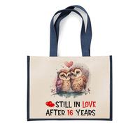 Getagift Personalised Still in Love After 16, 18, 20, ANY Years, Romantic Owl Couple Anniversary & Valentine’s Day, Jute Bag, Shopping Bag. (Navy Blue)