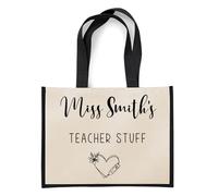 Getagift Personalised Teacher Jute Bag - “Teacher Stuff” Design - Custom Name Gift for Teachers - Reusable Shopping Bag - Thank You Present - Jute Bag. (Black)