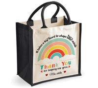 Getagift Personalised Teacher Thank You Jute Tote Bag, Custom Name Gift for Teacher, Rainbow Reusable Eco Shopping Bag, Large Cotton Handle Tote, Teaching Assistant, End of Term Thank You Gift, Black