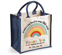 Getagift Personalised Teacher Thank You Jute Tote Bag, Custom Name Gift for Teacher, Rainbow Reusable Eco Shopping Bag, Large Cotton Handle Tote, Teaching Assistant, End of Term Thank You Gift, Navy