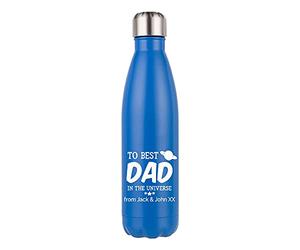 Getagift Personalised To Best Dad in the Universe ANY NAME Funny Birthday present from Son or Daughter to Daddy, 500 ML Double Walled Insulated Stainless Steel Bottle. (Matt Dark Blue)