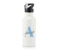 Getagift Personalised Water Bottle Initial with Name, Alphabet theme, Marble design, Stainless Steel 600ml Water Bottle with Straw. (White)