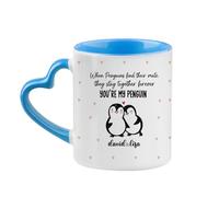 Getagift Personalised When Penguin Find Their Mate, They Stay Together Forever, Valentine's Day Gift, Heart Handle Coffee, Tea Mug. (Blue)