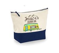 Getagift Personalised with ANY NAME Caravan Canvas Accessory Bag, Present for Her, Happy Campers, Friend, Family, Birthday, Vacation, Holiday. (Natural Navy, M)