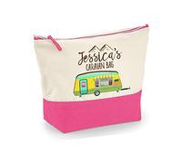 Getagift Personalised with ANY NAME Caravan Canvas Accessory Bag, Present for Her, Happy Campers, Friend, Family, Birthday, Vacation, Holiday. (Natural True Pink, M)