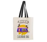 Getagift Personalised with ANY NAME Caravan Cotton Shopping Bag, Tote Bag, Present for Her, Happy Campers, Friend, Family, Birthday, Vacation, Holiday. (Black Handle)