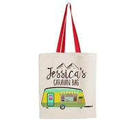 Getagift Personalised with ANY NAME Caravan Cotton Shopping Bag, Tote Bag, Present for Him or Her, Happy Campers, Friend, Family, Birthday, Vacation, Holiday. (Red Handle)