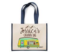 Getagift Personalised with ANY NAME Caravan Shopping Bag, Canvas Jute Bag, Present for Her, Happy Campers, Friend, Family, Birthday, Vacation, Holiday. (Navy Blue)