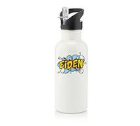 Getagift Personalised with Any Name Comic Pop Art Themed Gift for Children, Kids, Girls/Boys, Back to School, Birthday Present Stainless Steel 600ml Water Bottle with Straw. (White)