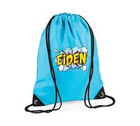 Getagift Personalised with Any Name Comic Pop Art Themed Gift for Children, Kids, Girls/Boys, Back to School, Premium Drawstring Bag, PE Gym Kit School, Swimming, PE Kids Sport Rucksack. (Surf Blue)