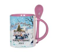 Getagift Personalized Our First Christmas as a New Couple | X-mas Gift for Mr & Mrs | First House Gift for Newlyweds Couple | Mug with Spoon - Colour Inside Coffee Cup. (Pink)
