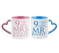 Getagift Pottery Mr Right & Mrs Always Right Set of 2 Wedding Anniversary, Valentines Day, Pink and Blue Heart Handle Couple Mug Set. (9 Years)
