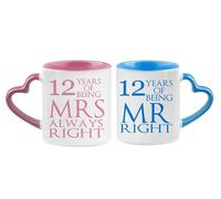 Getagift Silk Mr Right & Mrs Always Right Set of 2 Wedding Anniversary, Valentines Day, Pink and Blue Heart Handle Couple Mug Set. (12 Years)