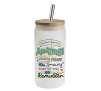 Getagift Sometimes Amazing People Forget How Amazing They’re, Thank You Gift, Frosted Glass Tumbler 18 OZ with Bamboo Lid and Silver Straw, Glass Can, Wide Mouth Jar for Drinks.