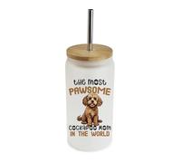 Getagift The Most Paw-Some Cockapoo Mom - Gift for Dog Mom, Frosted Glass Tumbler 18 OZ with Bamboo Lid and Silver Straw, Glass Can, Wide Mouth Jar for Drinks.