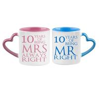 Getagift Tin Mr Right & Mrs Always Right Set of 2 Wedding Anniversary, Valentines Day, Pink and Blue Heart Handle Couple Mug Set. (10 Years)