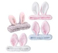 GETAJGHSD 4pcs Rabbit Ear Hair Tying Headbands Elastic Face Washing Hairbands Soft Plush Makeup Headbands for Home Use and Skincare in White Pink Grey Light Blue