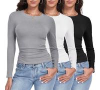 GetGigt 3 Pack Womens Long Sleeve Tops Crew Neck Slim Fit T Shirts Thermal Undershirts Y2K Top Stretchy Fashion Clothing(M,Black,White,Light Gray)