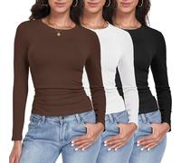 GetGigt 3 Pack Womens Long Sleeve Tops Crew Neck Slim Fit T Shirts Thermal Undershirts Y2K Top Stretchy Fashion Clothing(M,Black,White,Coffee)