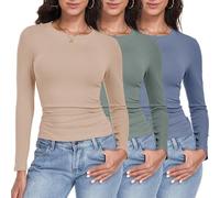 GetGigt 3 Pack Womens Long Sleeve Tops Crew Neck Slim Fit T Shirts Thermal Undershirts Y2K Top Stretchy Fashion Clothing(L,Olive Green,Nude,Blue)