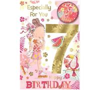 GETINSTYLE SHOP Bundle - Express Yourself Birthday Card for Girls Age 7, Envelope and Badge Included, Girl with Ice Cream, Pink Floral Design
