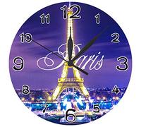 GeTJonesRiGhT Large Arabic Numerals Night Paris Eiffel Tower Round Wall Clock, Silent and Dripping Wall Clock Decorating Home Office School Decorative Clock Art 10in